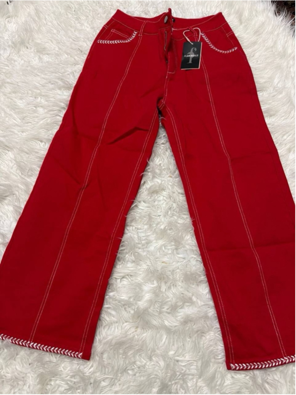 Flamingals Contrast Stitch Wide Leg Cropped Jeans S